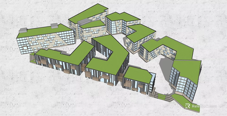 Modern Office Complex With Green Roofs And Geometric Building Structures 3d model