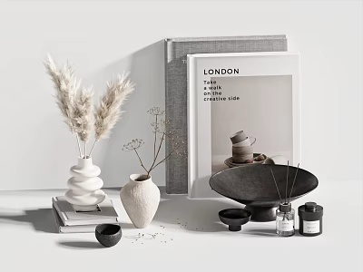 Modern Minimalist Decorative Ornament Set With White Spiral Vase Pampas Grass Black Tray And Books 3d model