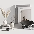 Modern Minimalist Decorative Ornament Set With White Spiral Vase Pampas Grass Black Tray And Books