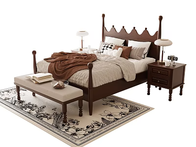Classic Dark Wooden Double Bed With Crown Headboard Blanket Pillows Nightstands Lamps Footstool And Rug 3d model