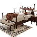 Classic Dark Wooden Double Bed With Crown Headboard Blanket Pillows Nightstands Lamps Footstool And Rug