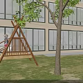Kindergarten Outdoor Play Area with Climbing Ropes Yellow Ladders and Children Playing on Grass