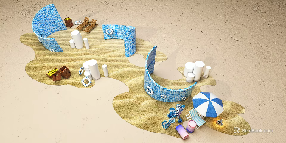 Vibrant Beach Themed Window Display with Sand Blue Block Structures White Pillars Life Rings and Umbrella 3d model 