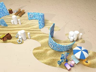 Vibrant Beach Themed Window Display with Sand Blue Block Structures White Pillars Life Rings and Umbrella 3d model