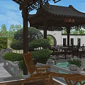 Chinese Courtyard Garden with Traditional Pavilions Rockery Red Maple Tree And Carved Screens