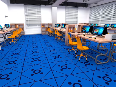 Modern Computer Classroom Interior With Blue Geometric Floor Yellow Chairs And Computers 3d model