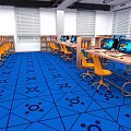 Modern Computer Classroom Interior With Blue Geometric Floor Yellow Chairs And Computers