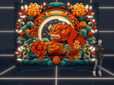 Traditional Dragon And Floral Decor Art In Modern Space 3d model