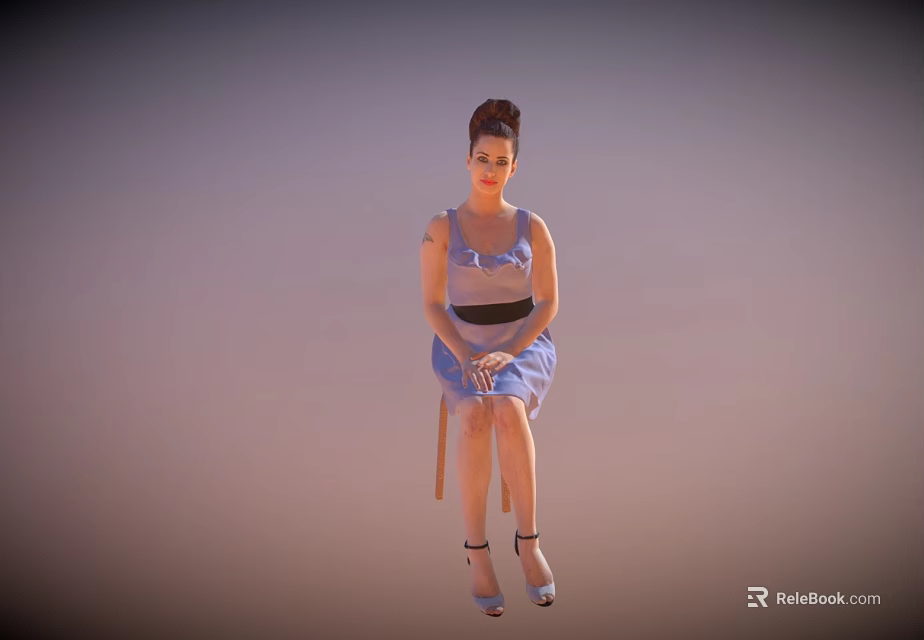 Woman Sitting On A Chair In Blue Dress With Black Belt And High Heels 3d model 