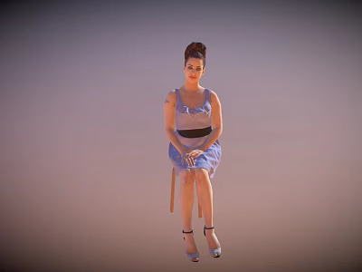 Woman Sitting On A Chair In Blue Dress With Black Belt And High Heels 3d model