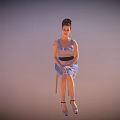 Woman Sitting On A Chair In Blue Dress With Black Belt And High Heels