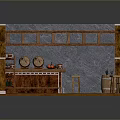 Rustic Tavern Interior Landscape Featuring Wooden Counter Stone Wall Windows Barrels And Stools