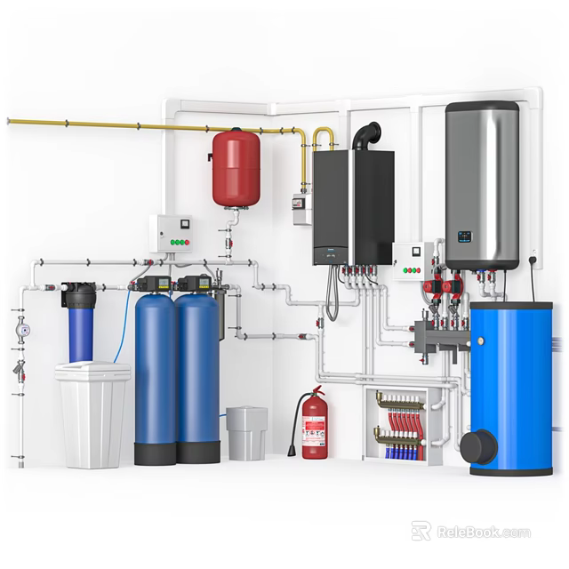 Home Electrical Appliances System With Blue Filters Red Fire Extinguisher And Silver Heater 3d model 