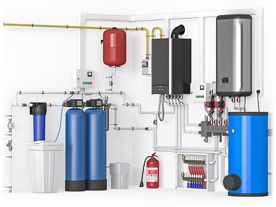 Home Electrical Appliances System With Blue Filters Red Fire Extinguisher And Silver Heater 3d model