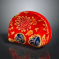 Red Semi Circular Decorative Fabric Household Item With Golden Floral And Blue Patterns