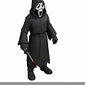 Eerie Horror Character Wearing Black Robe With White Mask And Bloody Knife