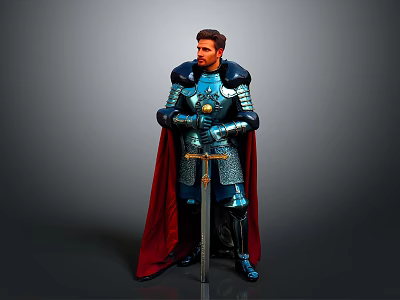 Man Standing in Shiny Medieval Armor With Red Cape Holding Sword 3d model