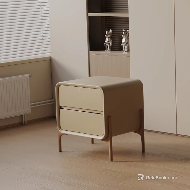 Modern Minimalist Beige Bedside Table With Two Drawers And Wooden Legs Design 3d model 