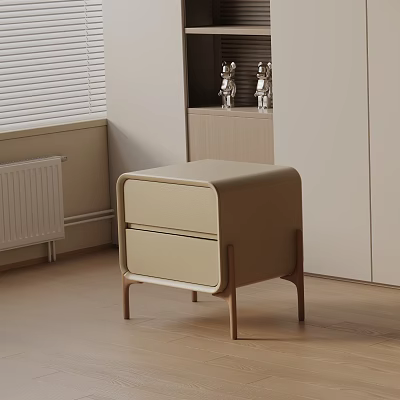 Modern Minimalist Beige Bedside Table With Two Drawers And Wooden Legs Design 3d model