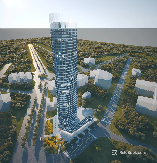 Urban Aerial Planning With Tall Skyscraper Tower Green Areas Roads And Low Rise Buildings 3d model 