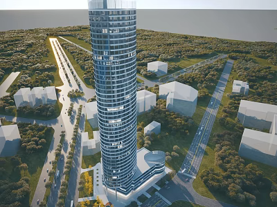 Urban Aerial Planning With Tall Skyscraper Tower Green Areas Roads And Low Rise Buildings 3d model