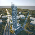 Urban Aerial Planning With Tall Skyscraper Tower Green Areas Roads And Low Rise Buildings
