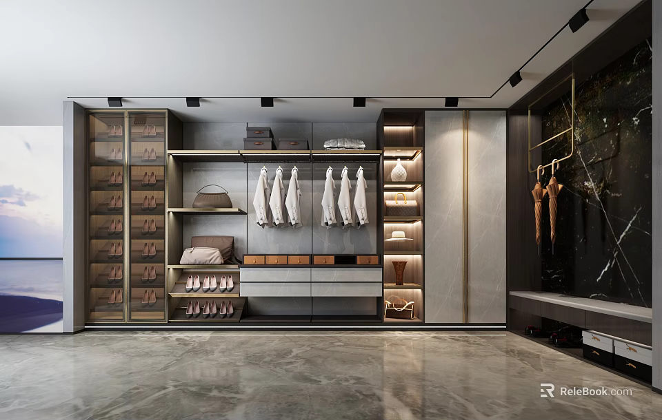 Elegant Modern Shoe Cabinet Interior With Open Shelves And Hanging Clothes 3d model 