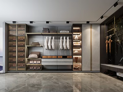 Elegant Modern Shoe Cabinet Interior With Open Shelves And Hanging Clothes 3d model