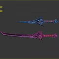 Dual Weapons With Long And Short Blades Red Handles Blue Decorative Accents Metallic Finish