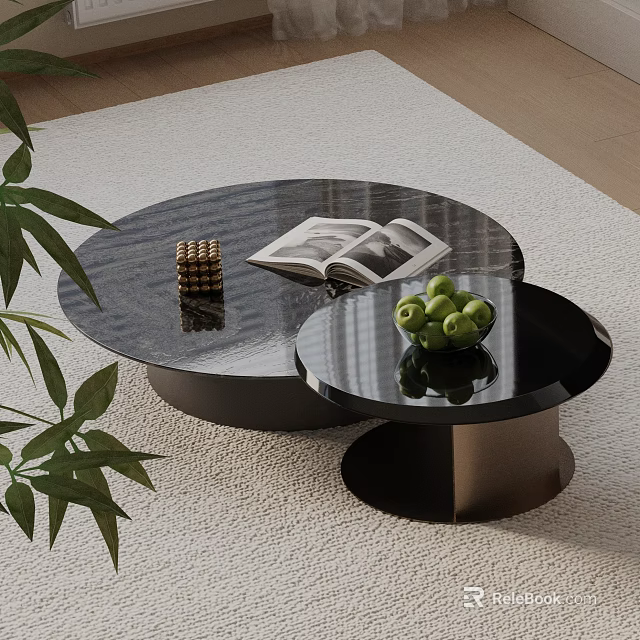 Black Round Sofa Coffee Table Set With Books Fruits And Green Plant On Light Rug 3d model 