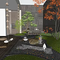 Japanese Courtyard Garden With Wooden Deck Gravel Path Stone Lantern Red Maple And Pine Trees