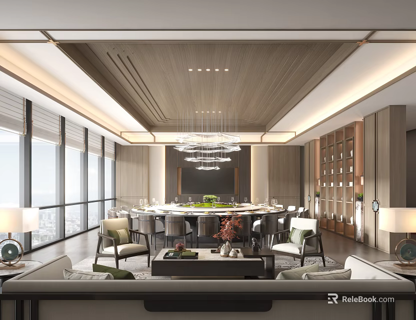 Luxurious Private Room With Modern Decor Round Table And Panoramic Windows 3d model