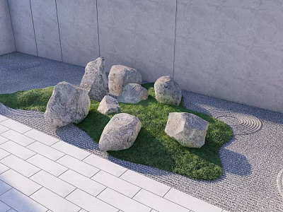 Garden Ornament Featuring Green Lawn Irregular Stones Gravel Area And Circular Patterns 3d model