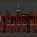Red Dining Table Set with Six Red Chairs and Oil Lamp with Green Mat
