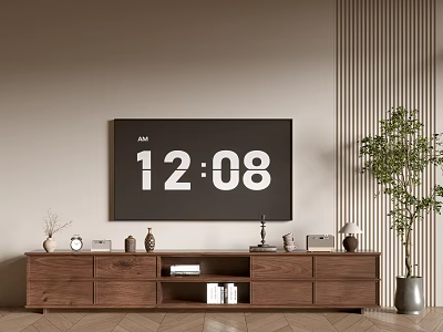 Modern Wooden TV Stand With Flat Screen TV Decorative Items Books And Potted Plant 3d model