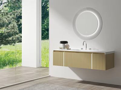 Modern Golden Bathroom Vanity With Round Mirror Sink Faucet Wooden Floor And Outdoor Green View 3d model