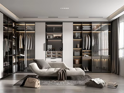 Modern Walk in Closet Interior Design With Glass Doors Cabinets And Seating Bench 3d model