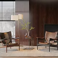 Leisure Sofa Set With Brown Leather Chairs Floor Lamp Coffee Table And Wooden Wall