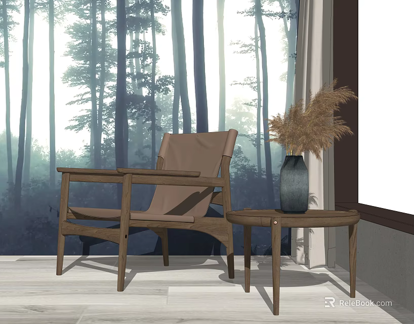 Comfortable Wooden Frame Lounge Chair With Side Table And Vase In Forest Themed Room 3d model 