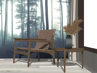 Comfortable Wooden Frame Lounge Chair With Side Table And Vase In Forest Themed Room 3d model