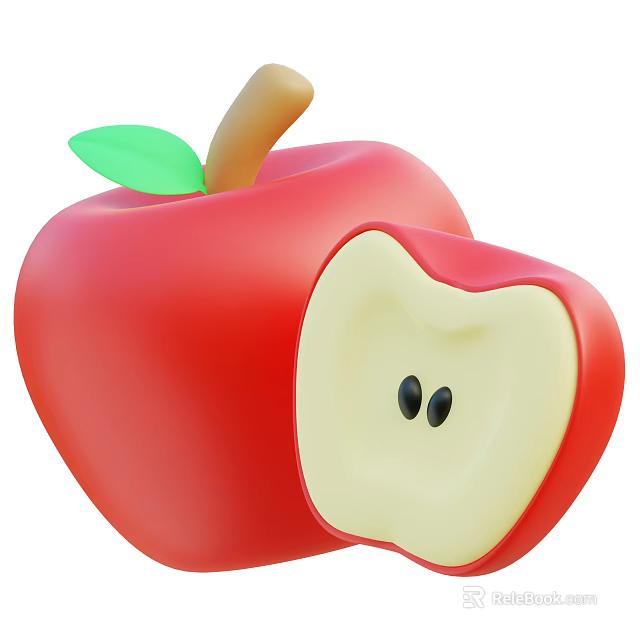 Red Apple With Green Leaf Brown Stem Whole And Sliced Flesh Showing Seeds 3d model 