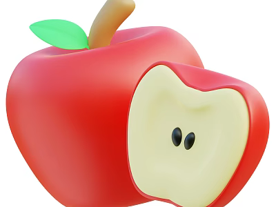 Red Apple With Green Leaf Brown Stem Whole And Sliced Flesh Showing Seeds 3d model
