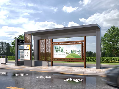 Modern Urban Bus Stop Shelter With Information Board Advertising Display And Built In Passenger Bench 3d model
