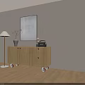 Modern Wooden Console Cabinet With Drawers Doors And Wheels Featuring Floor Lamp Vase And Artwork