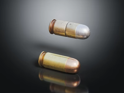 Two Brass Copper Bullets One Floating And One On Black Surface With Reflection 3d model