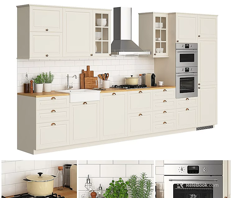 White Kitchen Cabinets with Range Hood Oven Sink Island and Plants 3d model 