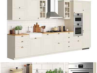 White Kitchen Cabinets with Range Hood Oven Sink Island and Plants 3d model