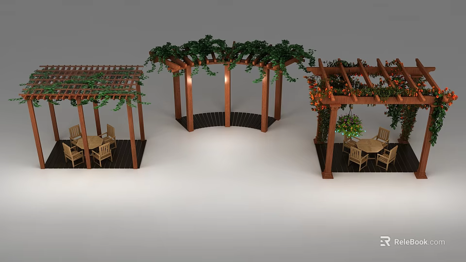 Outdoor Wooden Pergola Designs With Climbing Vines And Garden Tables And Chairs 3d model 