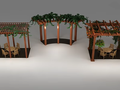 Outdoor Wooden Pergola Designs With Climbing Vines And Garden Tables And Chairs 3d model