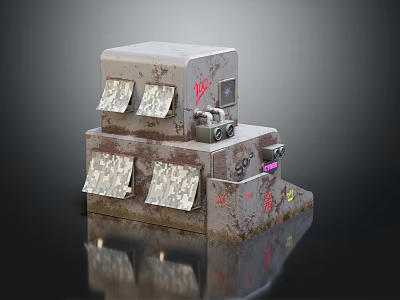 Rusty Multi Layered Gray Metal Structure Featuring Camouflage Covers Graffiti And Small Equipment 3d model